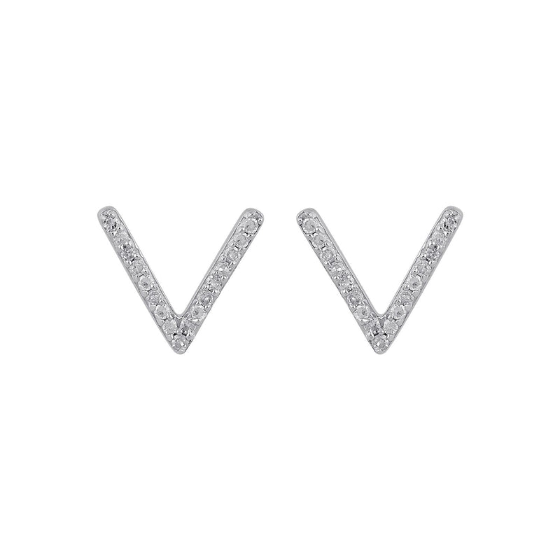 Jewelili V Shape Stud Earrings with Natural White Diamond in Sterling Silver 1/10 View 3
