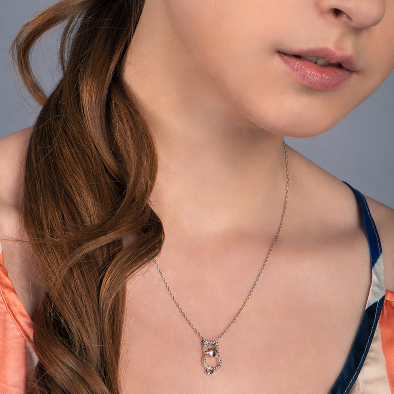 Jewelili Sterling Silver and 10K Rose Gold With Natural White Diamond Cat Heart Shape Pendant Necklace