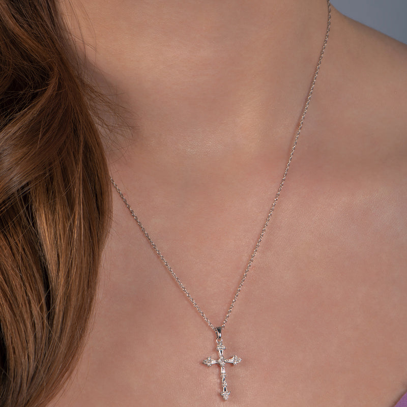 Jewelili 10K White Gold With 1/4 CTTW Natural White Diamonds Cross Pendant Necklace