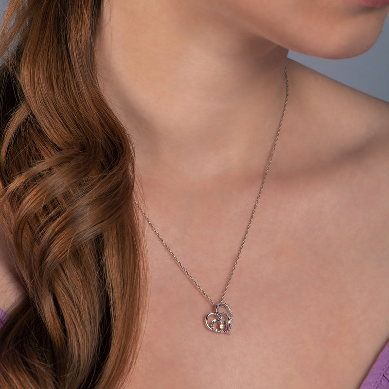 Jewelili Sterling Silver and 10K Rose Gold With Natural White Round Diamond Double Heart With Tiny Heart Pendant Necklace