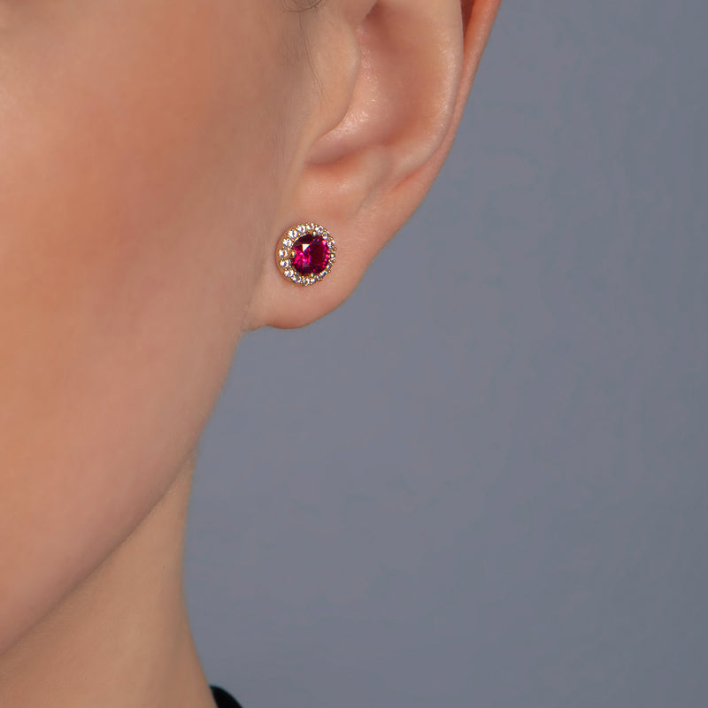 Jewelili 10K Yellow Gold with Round Created Ruby and Created White Sapphire Stud Earrings