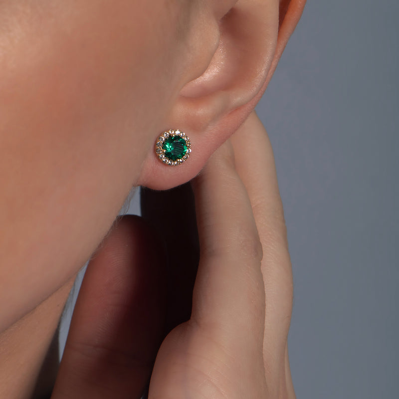 Jewelili 10K Yellow Gold Round Created Emerald and Created White Sapphire Stud Earrings