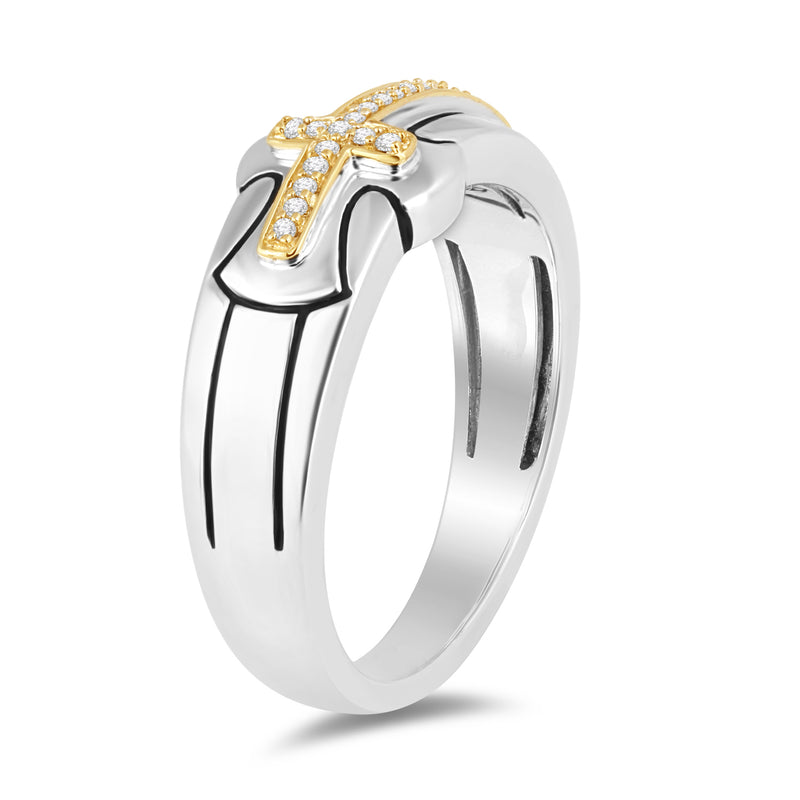 Jewelili Cross Ring with Natural White Round Diamonds in 14K Yellow Gold over Sterling Silver 1/10 CTTW View 4