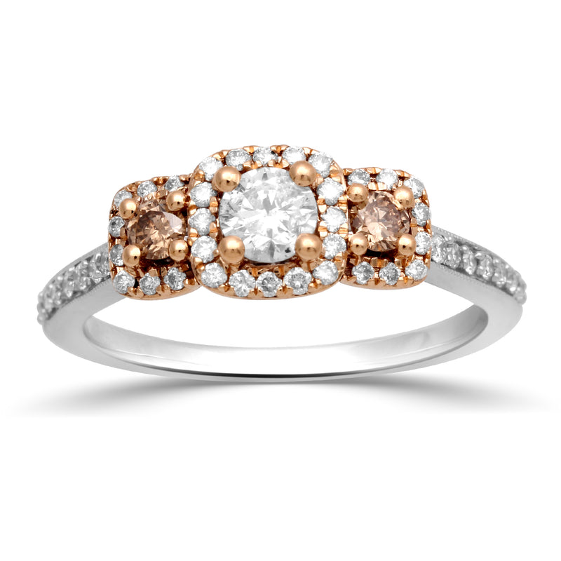 Jewelili 14K Rose and White Gold with 1/2 CTTW Champagne and White Diamond Three Stone Ring