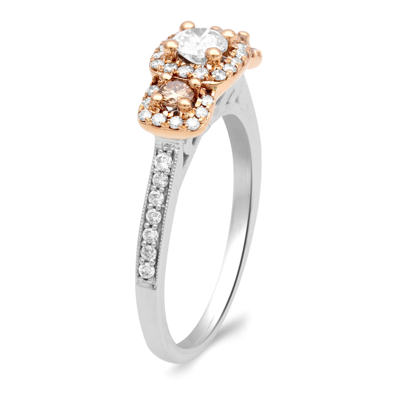 Jewelili 14K Rose and White Gold with 1/2 CTTW Champagne and White Diamond Three Stone Ring