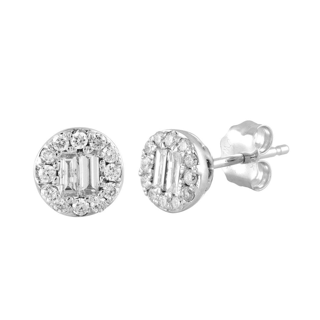 Jewelili Round Composite Stud Earrings with Baguette in 10K White Gold 1/3 CTTW 