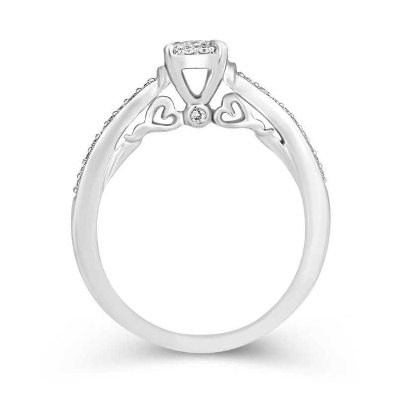 Jewelili 10K White Gold 1/3 CTTW Natural White Princess and Round Diamonds Engagement Ring