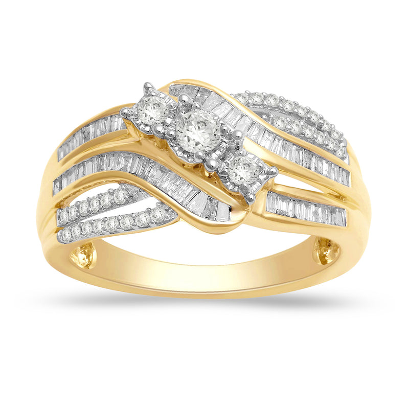 Jewelili 3 Stone Engagement Ring with Baguette and Round Natural White Diamonds in 10K Yellow Gold 1/2 CTTW View 1