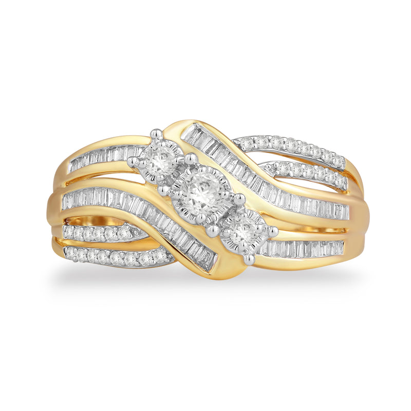 Jewelili 3 Stone Engagement Ring with Baguette and Round Natural White Diamonds in 10K Yellow Gold 1/2 CTTW View 2