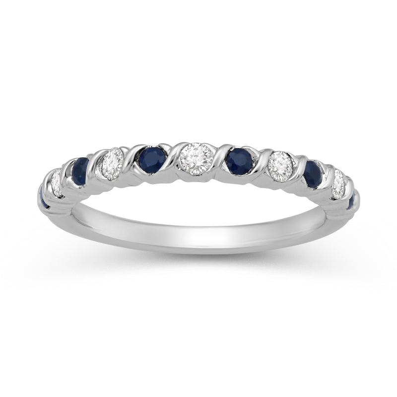 Jewelili Band Ring with 2mm Blue Sapphire and Natural White Diamonds in 10K White Gold 1/5 CTTW