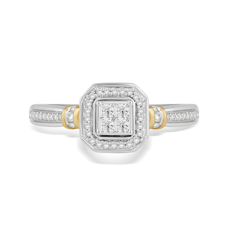 Jewelili 10K White and Yellow Gold With 1/3 CTTW Princess and Round Natural White Diamonds Engagement Ring