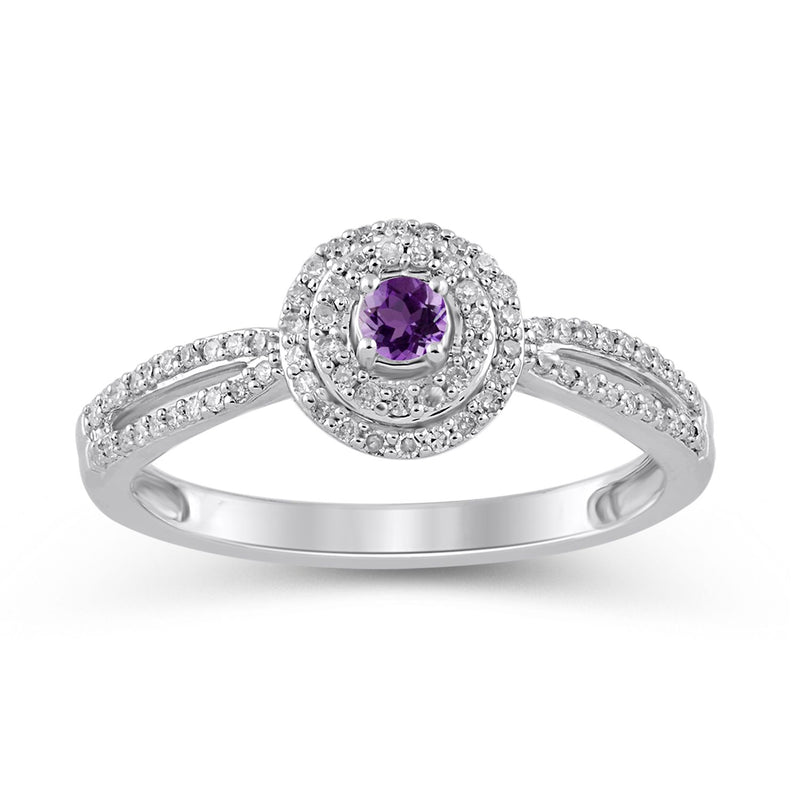 Jewelili Halo Engagement Ring with Round Shape Natural Diamonds and Amethyst in Sterling Silver 1/3 CTTW View 1