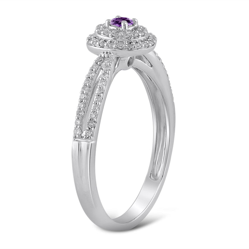 Jewelili Halo Engagement Ring with Round Shape Natural Diamonds and Amethyst in Sterling Silver 1/3 CTTW View 2