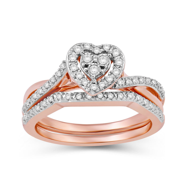 Jewelili Rose Gold Over Sterling Silver with 1/5 CTTW Natural White Round Shape Diamonds Bridal Set