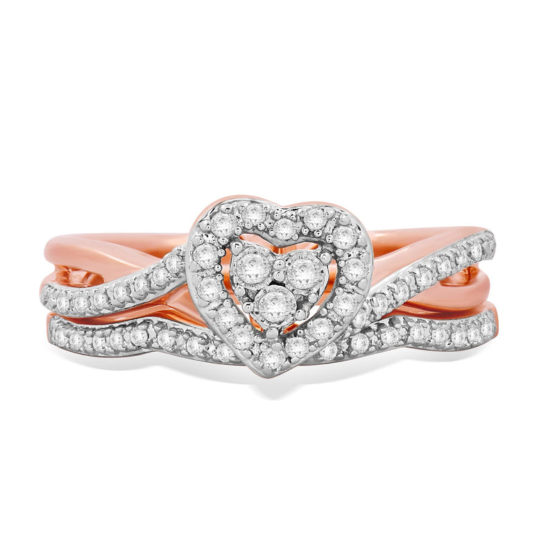 Jewelili Rose Gold Over Sterling Silver with 1/5 CTTW Natural White Round Shape Diamonds Bridal Set