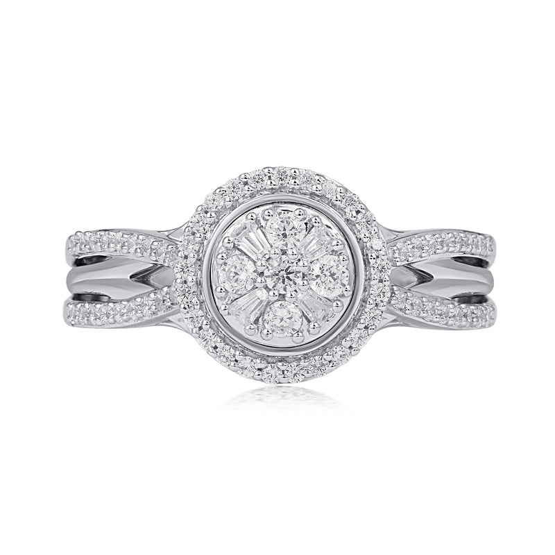 Jewelili Engagement Ring with Baguette and Round Natural White Diamonds in 10K White Gold 1/2 CTTW View 2