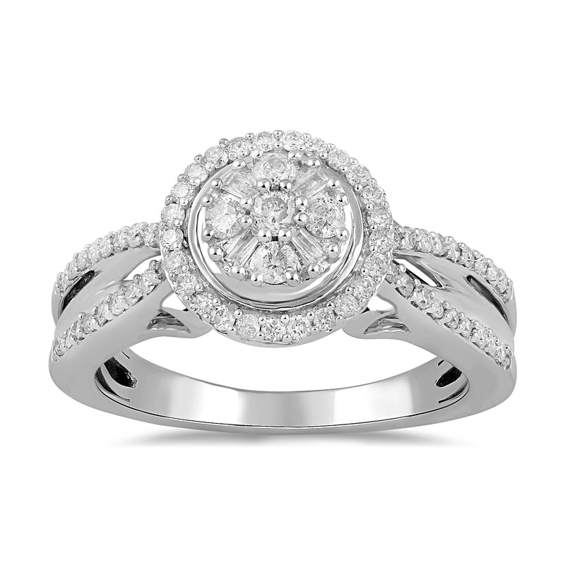 Jewelili Engagement Ring with Baguette and Round Natural White Diamonds in 10K White Gold 1/2 CTTW View 1