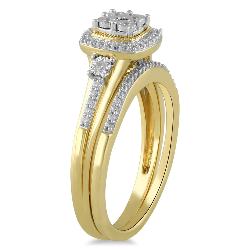 Jewelili Yellow Gold Over Sterling Silver 1/5 CTTW Natural White Round Diamonds Bridal Set