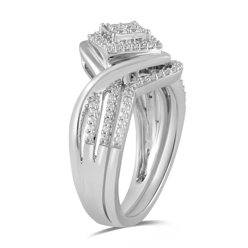 Jewelili Sterling Silver 1/3 CTTW Natural White Round Diamonds Bridal Set