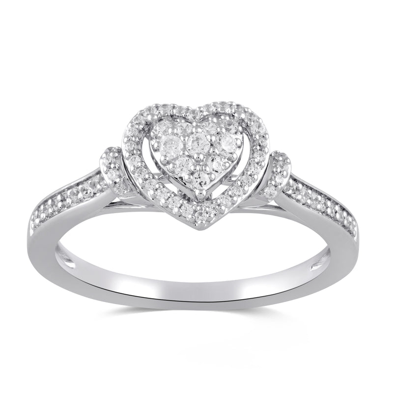 Jewelili 10k White Gold with 1/4 CTTW Natural Round White Diamonds Heart Shape Ring