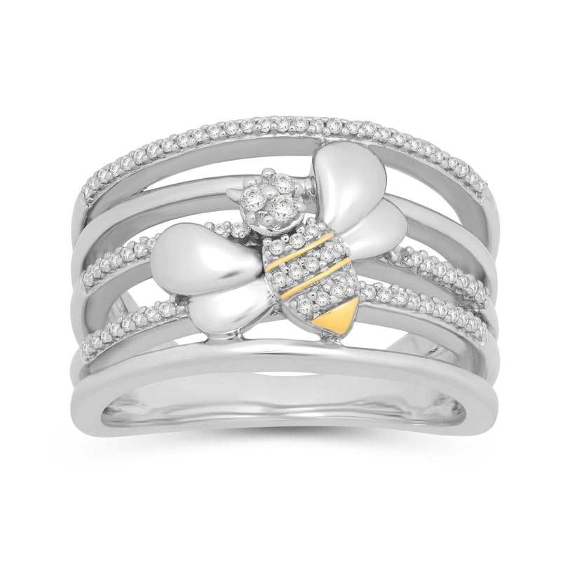 Jewelili Sterling Silver and Yellow Gold With 1/5 CTTW White Diamonds HoneyBee Ring