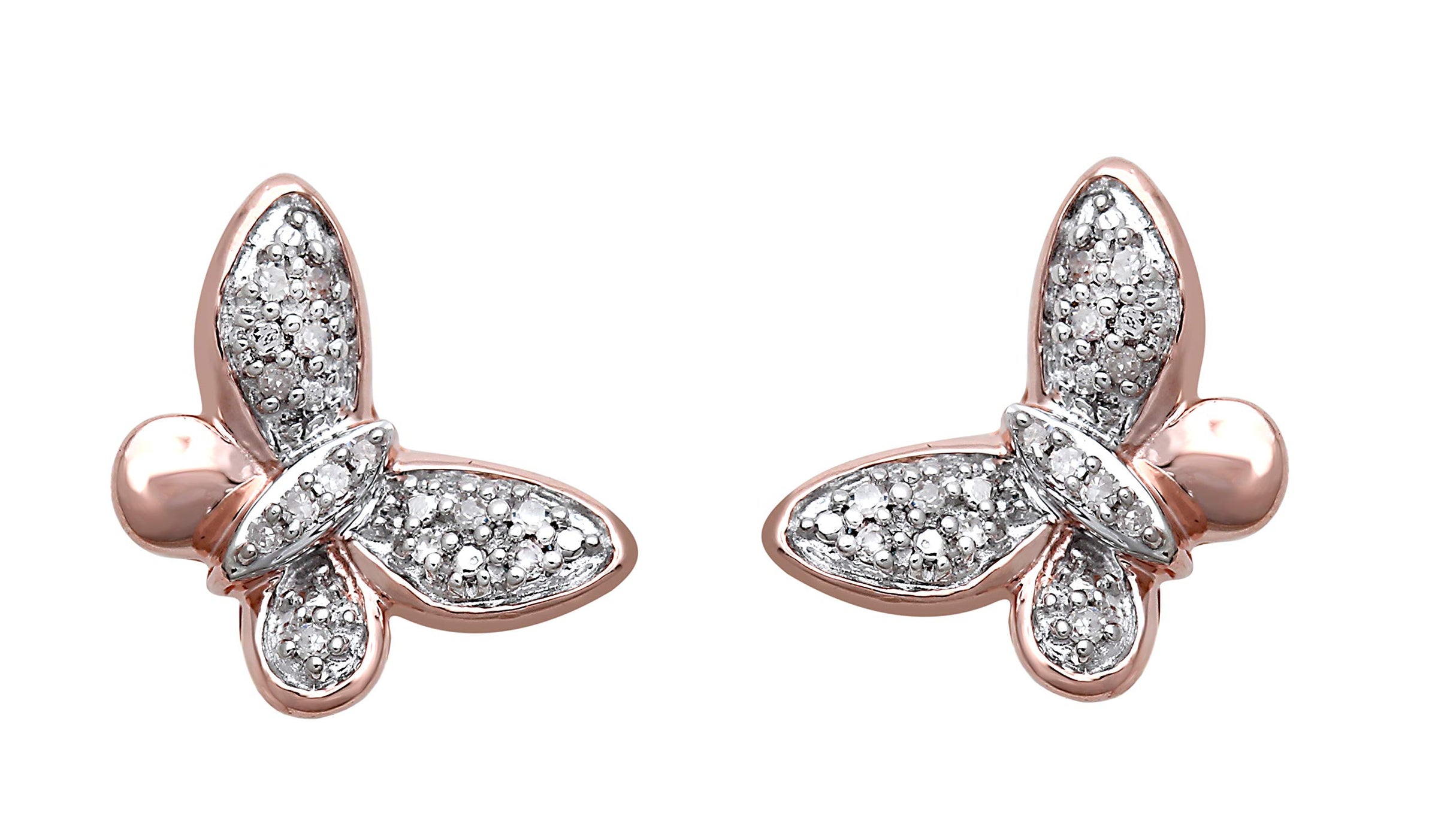 Jewelili Butterfly Stud Earrings with Round Natural White Diamonds