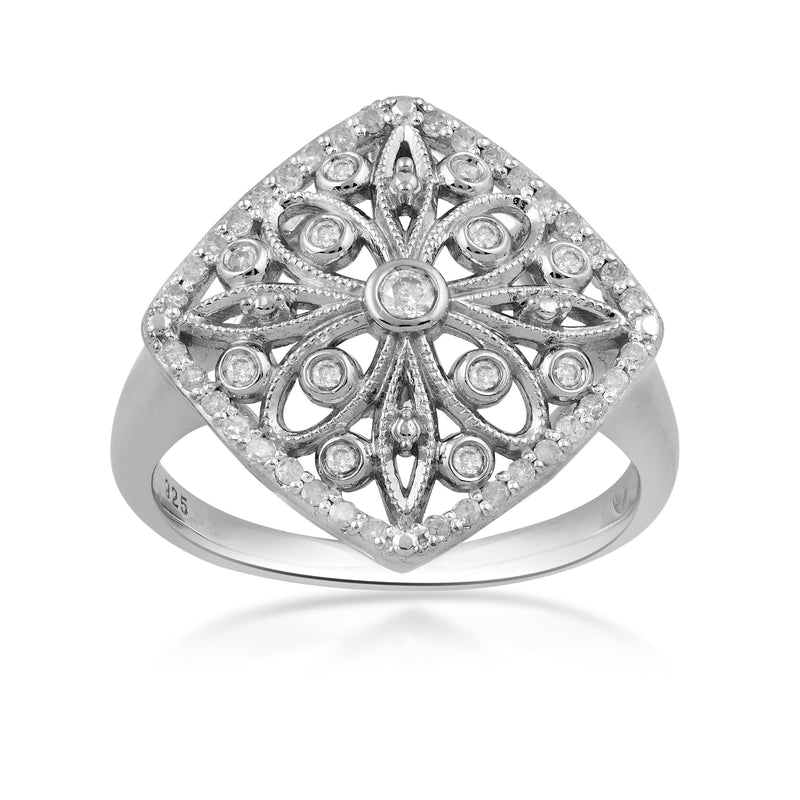 Jewelili Sterling Silver With 1/4 CTTW Natural White Round Diamonds Flower Ring
