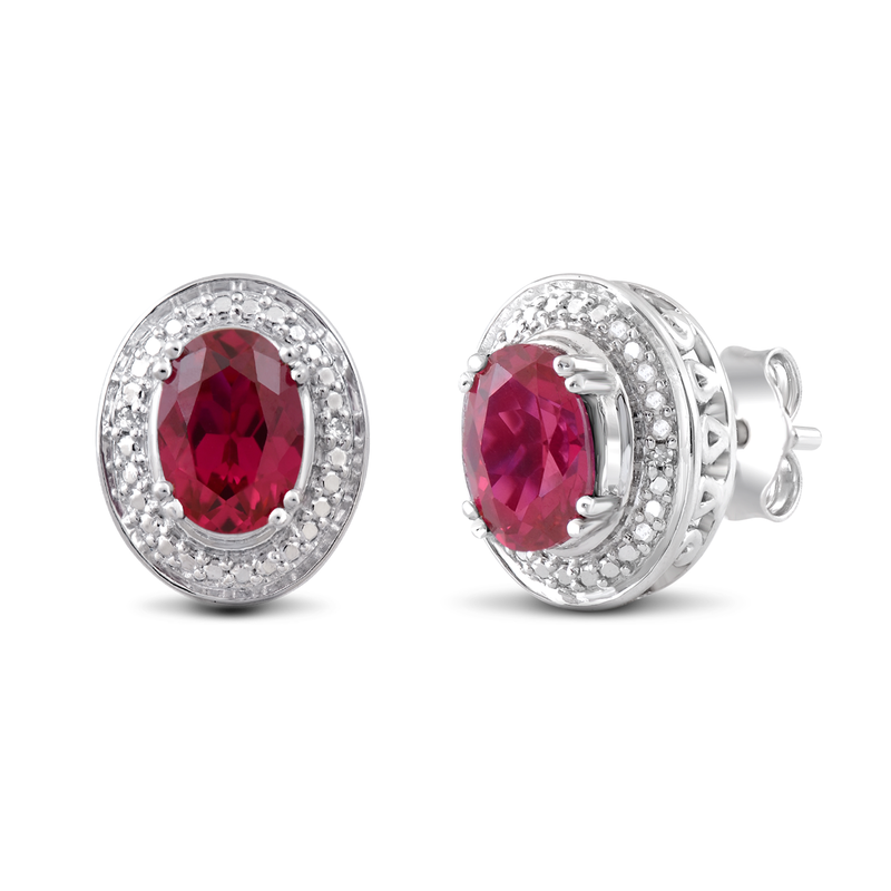 Jewelili Sterling Silver with Oval Shape Created Ruby and Natural White Round Diamonds Stud Earrings
