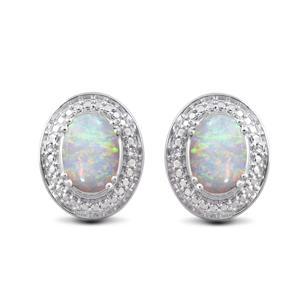 Jewelili Sterling Silver With 7x5mm Oval Shape Created Opal and Natural White Round Diamonds Stud Earrings