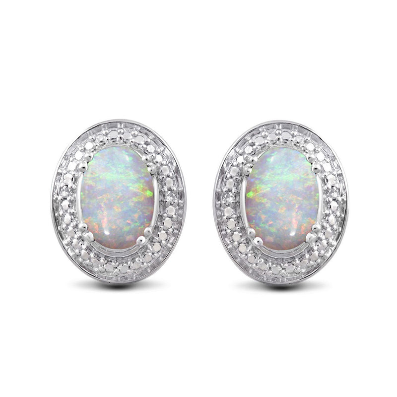 Jewelili Sterling Silver With 7x5mm Oval Shape Created Opal and Natural White Round Diamonds Stud Earrings