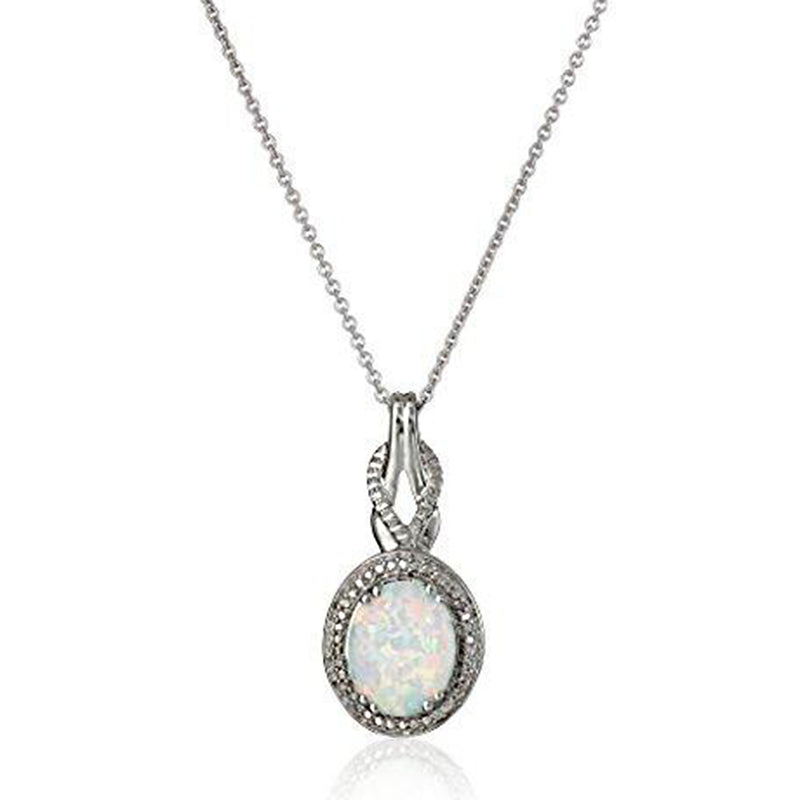 Jewelili Sterling Silver With Oval Created Opal and Diamonds Pendant Necklace