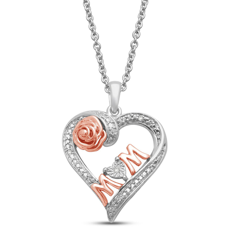 Jewelili Rose Gold Over Sterling Silver With Natural White Diamond Accent MOM Heart Pendant Necklace