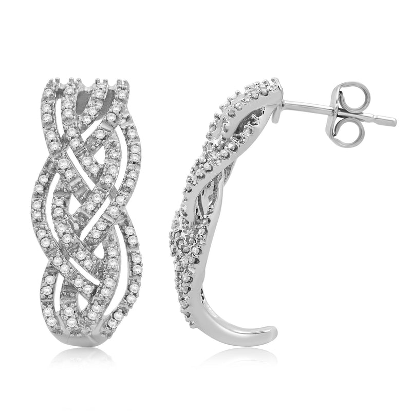 Jewelili Sterling Silver 1/2 CTTW Diamonds Crossover J-Hoop Earrings