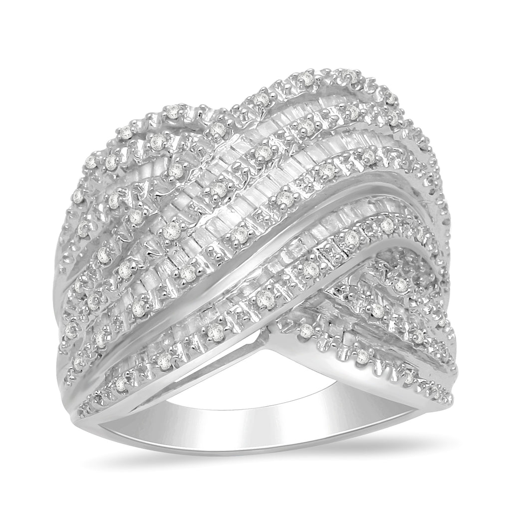 Jewelili Anniversary Ring with Natural White Baguette and Round Diamonds in Sterling Silver 1 .00 CTTW View 1