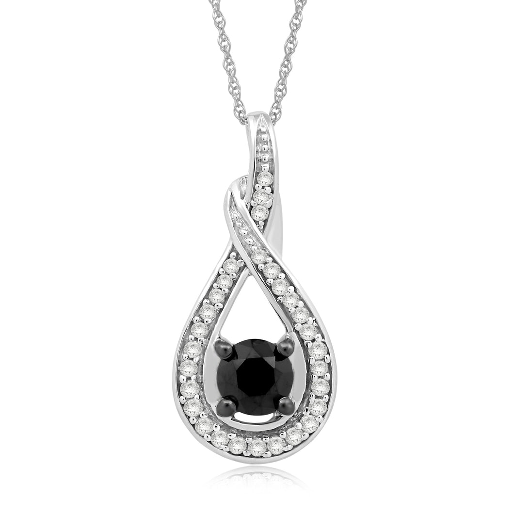 Jewelili 10K White Gold With 1 CTTW Treated Black and White Diamonds Pendant Necklace