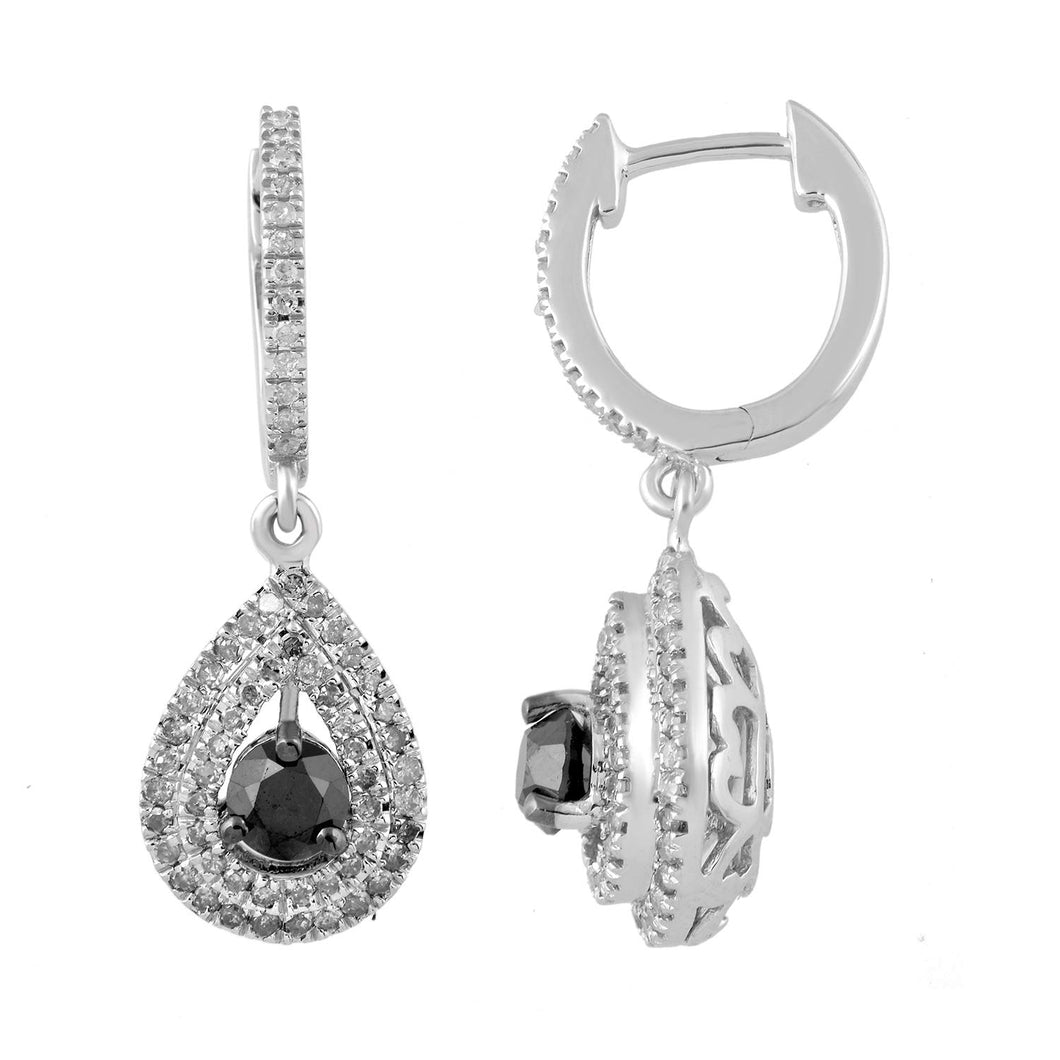 Jewelili Teardrop Dangle Earrings with Round Black and White Diamonds in 10K White Gold 1 1/4 CTTW View 1
