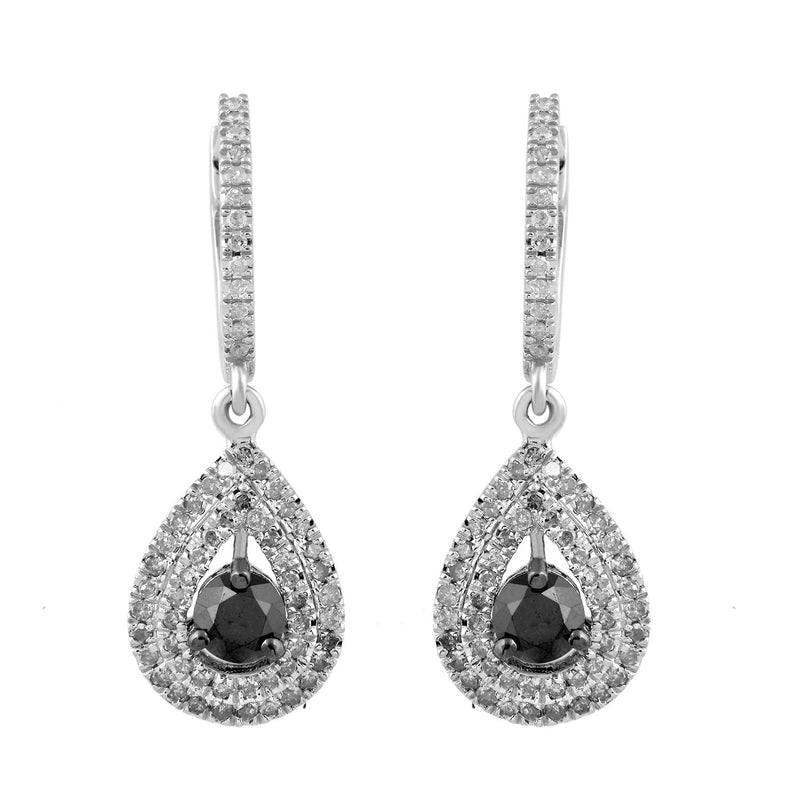 Jewelili Teardrop Dangle Earrings with Round Black and White Diamonds in 10K White Gold 1 1/4 CTTW View 2