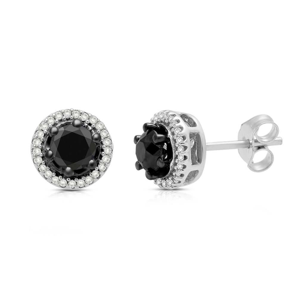 Jewelili Round Stud Earrings with Treated Black Diamonds and White Diamonds in Sterling Silver 1.00 CTTW View 1