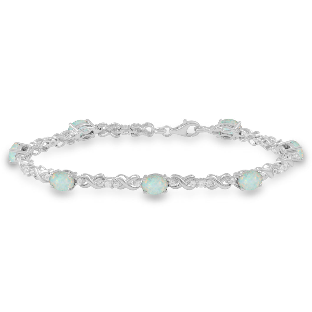 Jewelili Bracelet with Oval Shape Created Opal and Created White Sapphire in Sterling Silver 7x5 MM
