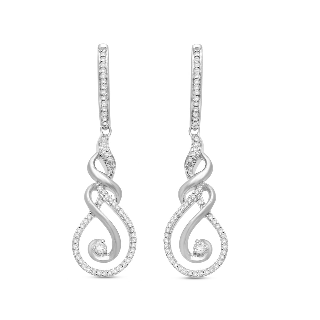 Jewelili Sterling Silver With 1/3 CTTW Round White Diamonds Dangling Twisted Earrings