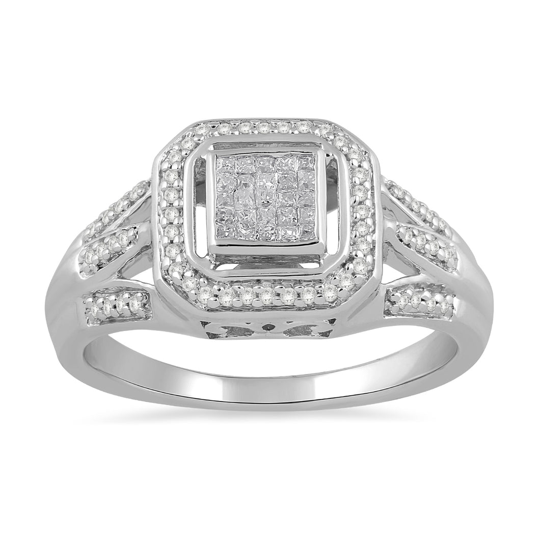 Jewelili Ring with Princess Cut and Round Natural White Diamonds in Sterling Silver With 1/4 CTTW View 1