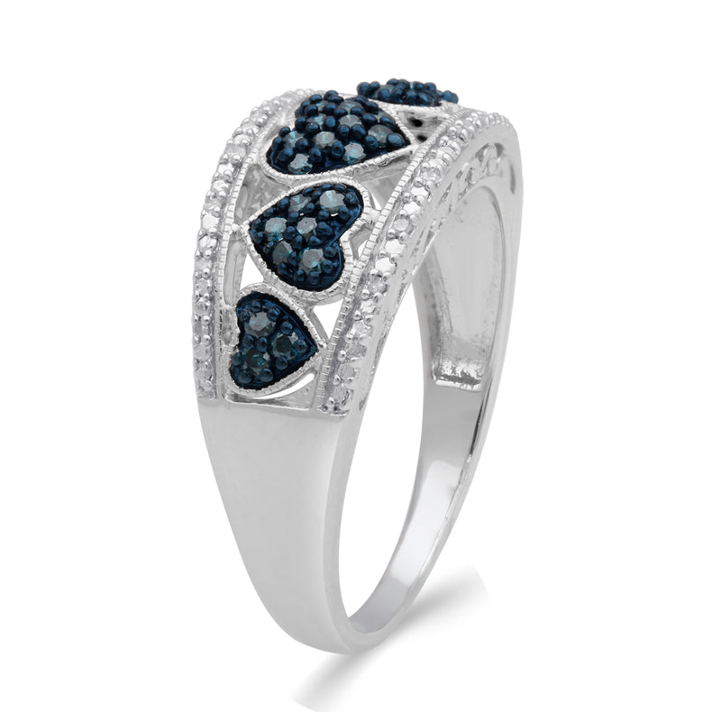 Jewelili Heart Shape Ring with Round Blue and White Diamonds in Sterling Silver 1/3 CTTW View 2