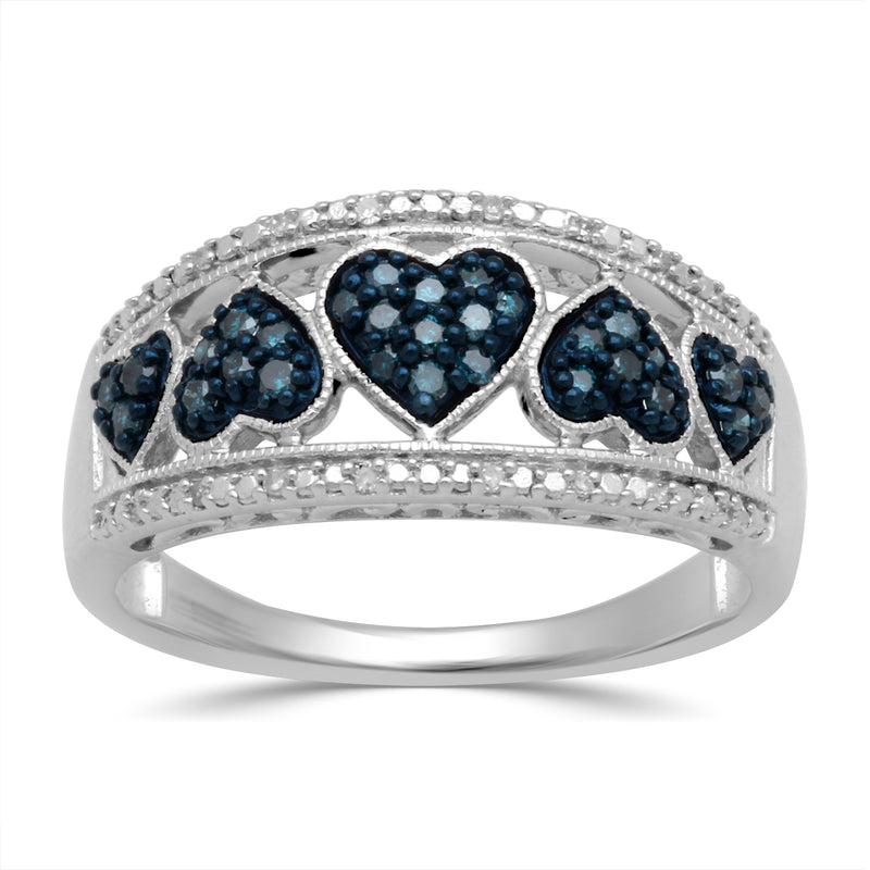Jewelili Heart Shape Ring with Round Blue and White Diamonds in Sterling Silver 1/3 CTTW View 1