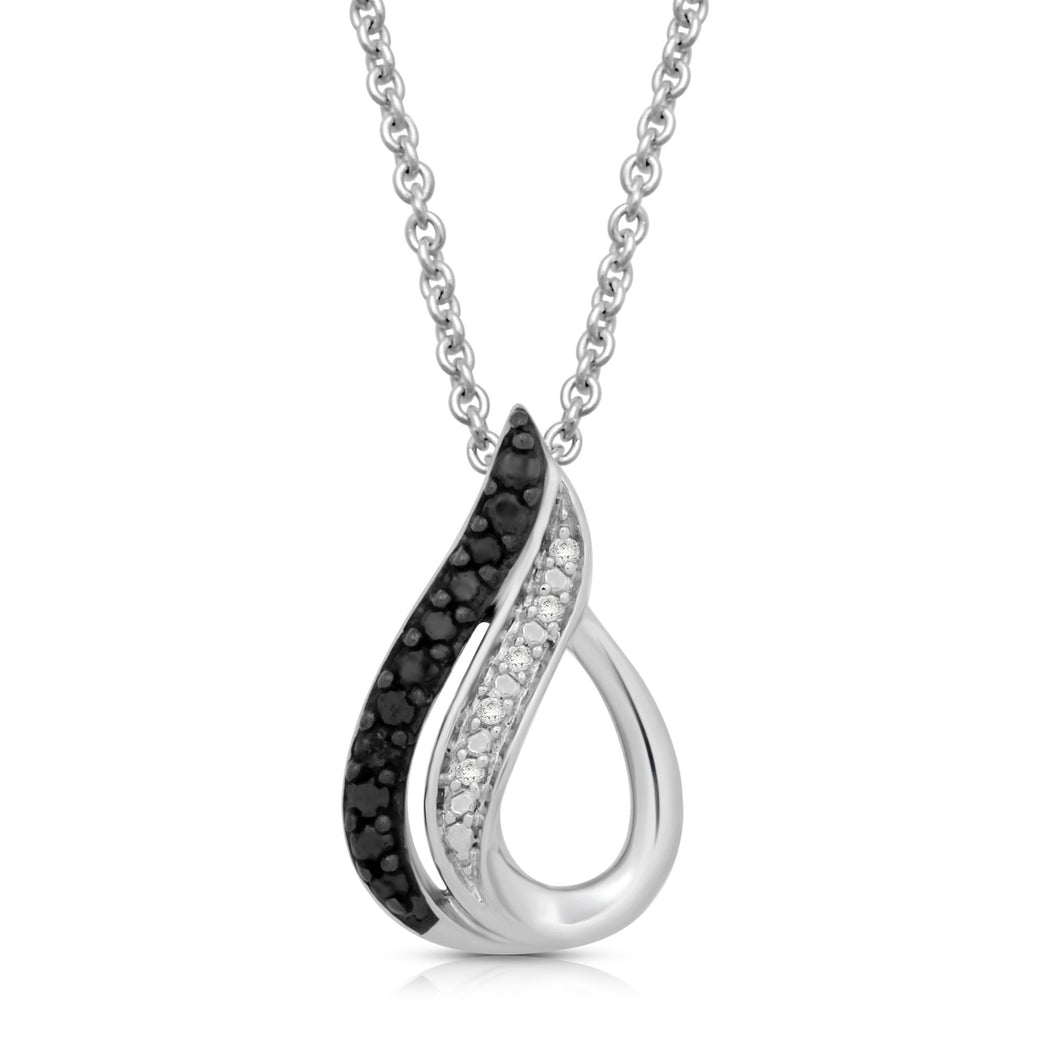 Jewelili Sterling Silver With Treated Black and White Natural Diamond Accent Teardrop Pendant Necklace