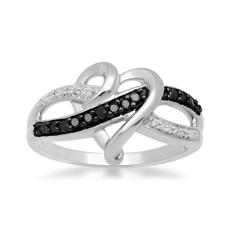 Jewelili Sterling Silver With 1/10 CTTW Treated Black Diamonds and Natural White Diamonds Heart Ring