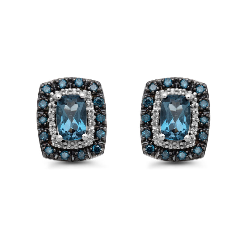 Jewelili Sterling Silver with 1/3 CTTW  Round Blue and White Diamonds and Cushion Blue Topaz Diamonds Earrings