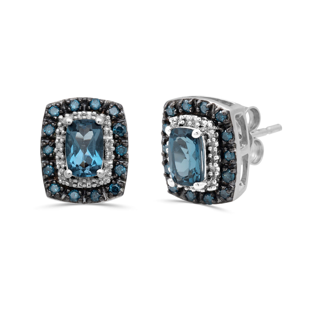 Jewelili Sterling Silver with 1/3 CTTW  Round Blue and White Diamonds and Cushion Blue Topaz Diamonds Earrings