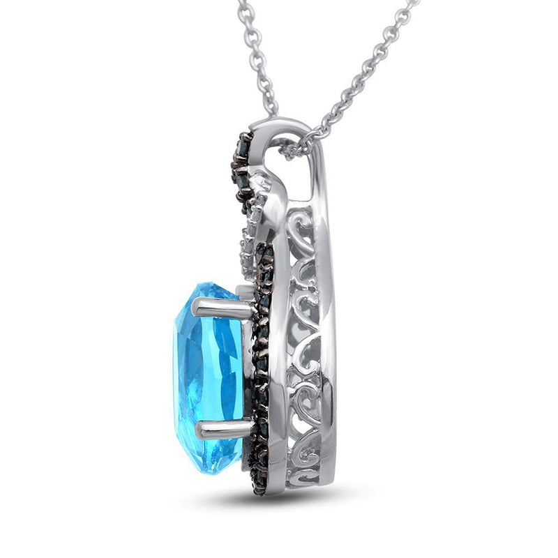 Jewelili Sterling Silver with 1/3 CTTW Treated Blue Diamonds and White Diamonds with Blue Topaz Knot Pendant Necklace