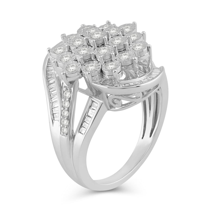 Jewelili Cluster Ring with Natural White Round and Baguette Diamonds in Sterling Silver 1.00 CTTW View 4