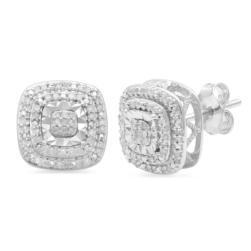 Jewelili Stud Earrings with Double Halo Diamonds in Sterling Silver 1/4 CTTW View 1